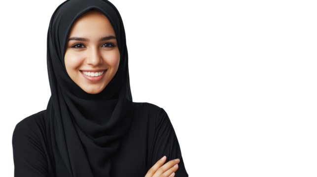 A portrait of a smiling Arab woman in a black hijab, with her arms crossed, showcasing a strong and serene expression, Transparent background, PNG file