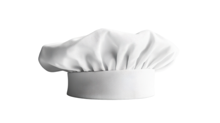 A pristine white chef hat, sitting on a flat surface,Transparent background, PNG file, highlighting its traditional shape.