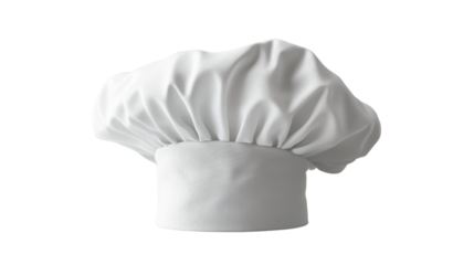 A pristine white chef hat, sitting on a flat surface,Transparent background, PNG file, highlighting its traditional shape.