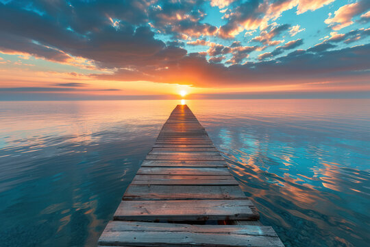 Pier lake nature sky sunset sea summer serene twilight colourful seascape smooth water surface wallpaper.