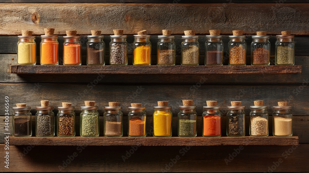 Poster a collection of spices stored in small glass jars sits neatly on wooden shelves, basking in soft nat