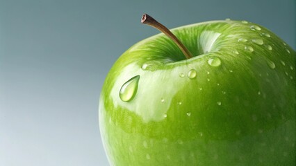 A vibrant green apple with glistening water droplets sits against a soft gray backdrop, emphasizing freshness, healthy eating, and the natural beauty of the fruit