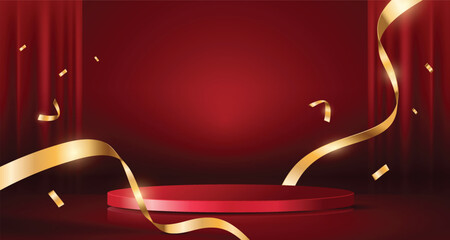 Elegant red empty podium with blank circle and golden confetti background. Luxury design for product display.