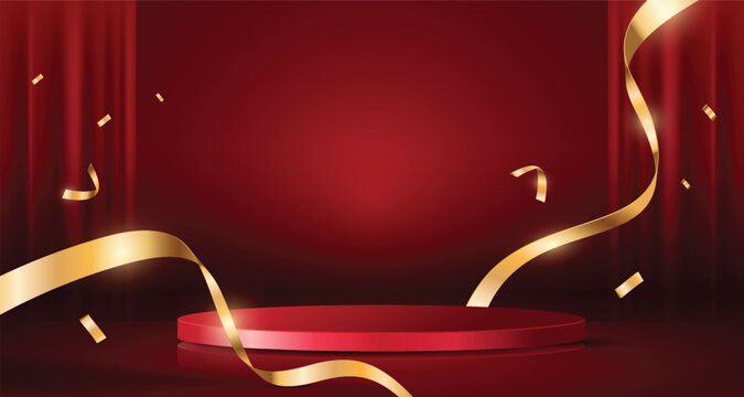 Elegant red empty podium with blank circle and golden confetti background. Luxury design for product display.