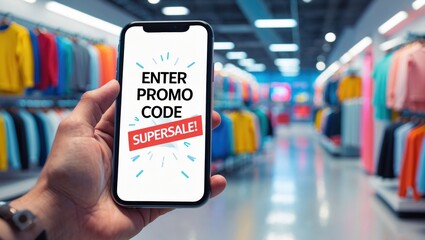Man holding smartphone with promo code in store