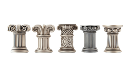 A row of sleek Greek columns in the Ionic style, their elegant spiraled capitals and smooth shafts radiating sophistication,Transparent background, PNG file