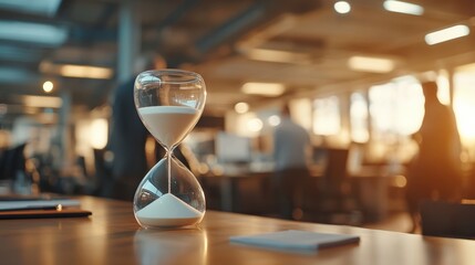 An hourglass of white sand rests on a wooden desk, surrounded by blurred office supplies and people, contrasting time with motion