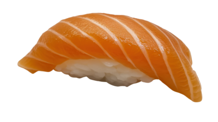 A salmon sushi rollTransparent background, PNG file, showcasing the vibrant orange salmon atop a perfectly rolled sushi with a clean, fresh appearance.
