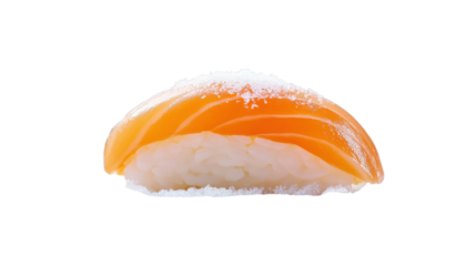 A salmon sushi rollTransparent background, PNG file, showcasing the vibrant orange salmon atop a perfectly rolled sushi with a clean, fresh appearance.