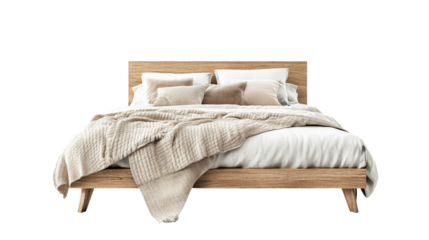 A Scandinavian-inspired minimalist bedroom, a modern bed with natural wood accents, a soft beige blanket and fluffy pillows, isolated on white background, harmonious and clean-lined