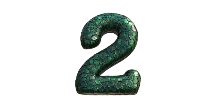 Green Snake-Textured Number 2. Unique Design For Creative Projects Isolated On Transparent Background