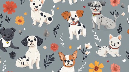 Playful puppy parade: Whimsical dog and floral pattern for joyful designs