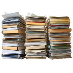 Disorganized paper stacks. Overwhelming paperwork, chaos, office clutter for tax season, audit preparation, stress management, organization, or academic overload, isolated.