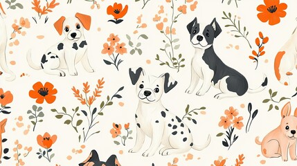 Floral canine companionship seamless pattern with playful puppies and wildflowers