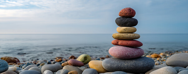 Artistic stack of smooth colorful stones arranged in a vertical formation resembling a human shape set against a blue sea and sky background on a natural surface