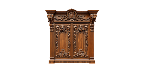 Ornate Wooden Wardrobe With Intricate Carvings. Luxurious Antique Furniture Design Isolated On Transparent Background