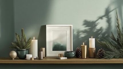 Cozy decorative arrangement featuring a white frame, festive candles, pine branches, and neutral ornaments against a soft green wall, illuminated by warm evening light