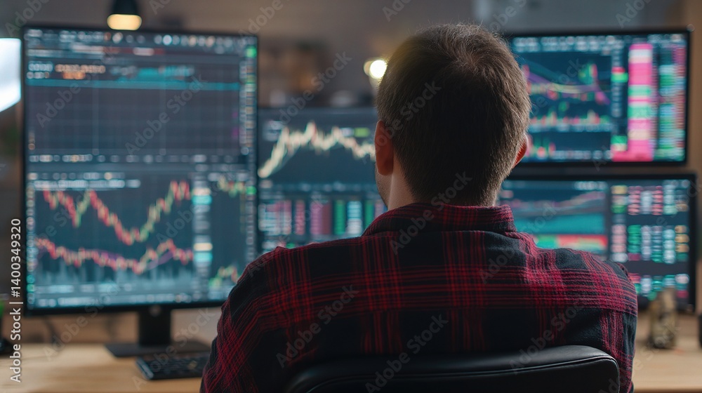 Poster engaged trader analyzing crypto data on multiple screens