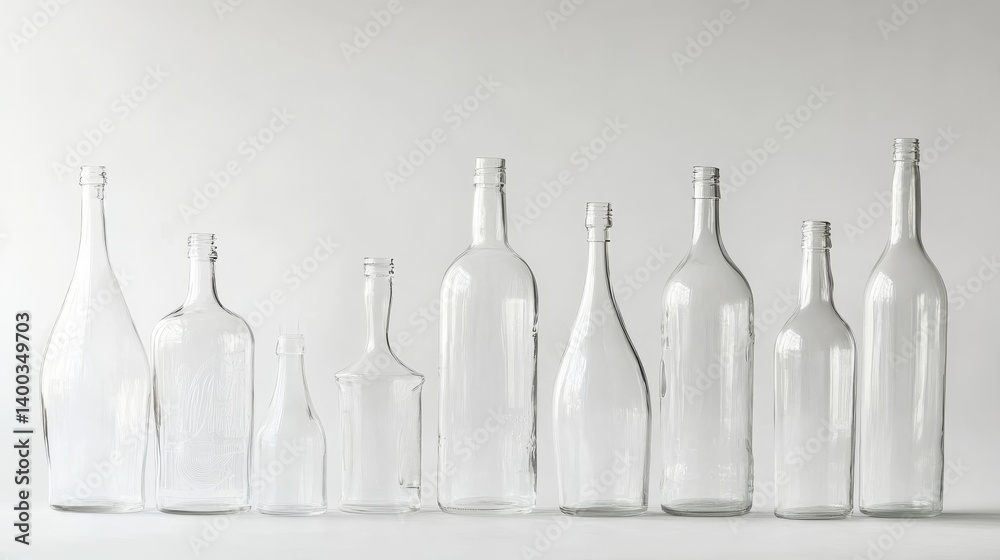 Poster Neatly arranged transparent glass bottles of different shapes and sizes showcase their clean lines and modern aesthetic against a bright white background