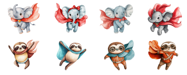 Adorable Baby Elephants and Sloths in Capes Flying Watercolor Illustration
