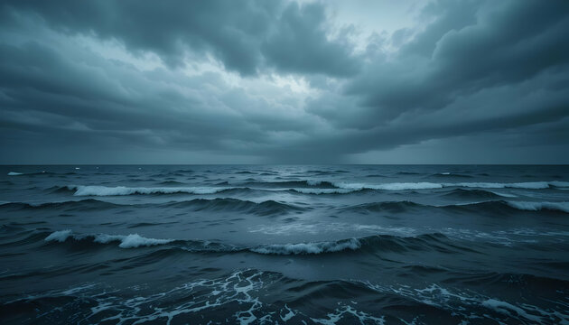 Dark Moody Ocean Waves Under Stormy Sky Seascape