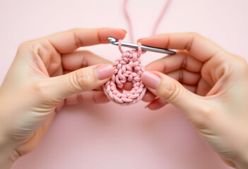 Hands crocheting a pink pattern against a pastel background  