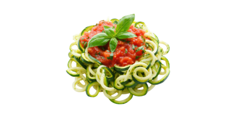 Zucchini Noodles With Tomato Sauce And Basil. Healthy Low-Carb Pasta Alternative Isolated On Transparent Background