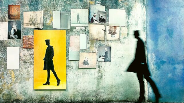 Background with man silhouettes and paper shits stick to the wall 