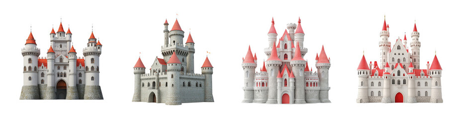 Obraz premium Four Fairytale Castles Digital Illustration Red Roof White Walls Medieval Architecture Fantasy