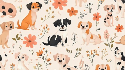 Naklejka premium Charming dog and floral pattern offering a delicate and heartwarming aesthetic