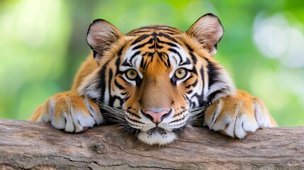 Obraz premium Tiger cub resting on log wildlife portrait