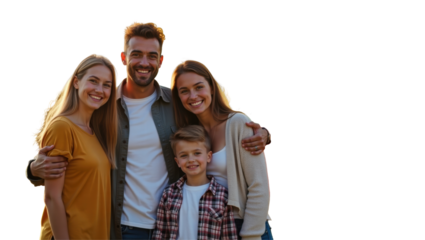 Happy family posing together outdoors with a bright background  