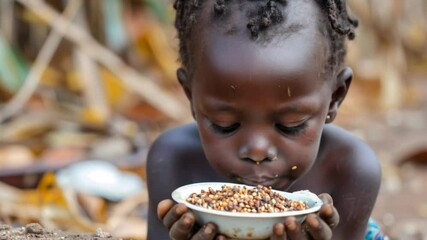 Video of a small child eating from a bowl is useful for projects related to charity, social initiatives and educational programs.
