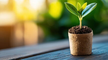 A vibrant young seedling sprouts from rich dark soil in a biodegradable pot on a rustic wooden table bathed in warm sunlight.