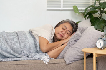 Rest and Wellness. An elderly woman peacefully sleeping on a couch, embracing tranquility and health.