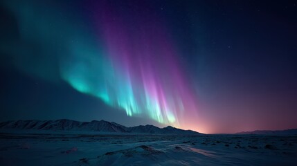Naklejka premium Vibrant northern lights dance across a dark sky, casting colorful reflections over a serene, snow-blanketed landscape. The scene evokes a sense of wonder and tranquility