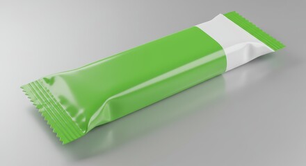 High Resolution Studio Shot of Bright Green and White Sealed Snack Bar Wrapper