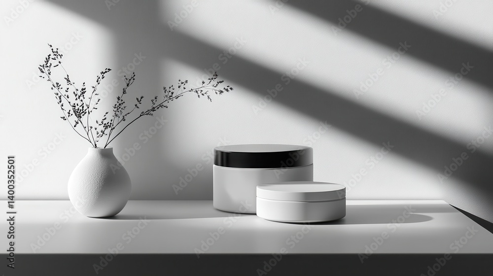 Poster modern minimalist arrangement of vases and skincare containers on a gray shelf with dried flowers