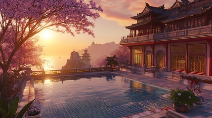 Stunning poolside view during sunset at an ornate Asian-style villa surrounded by cherry blossom trees reflecting in the water, creating a serene atmosphere