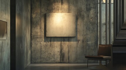 A modern concrete hallway featuring a blank canvas and a leather armchair.