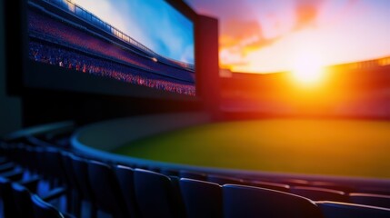 Sunset view of an empty stadium with a large screen displaying a vibrant scene