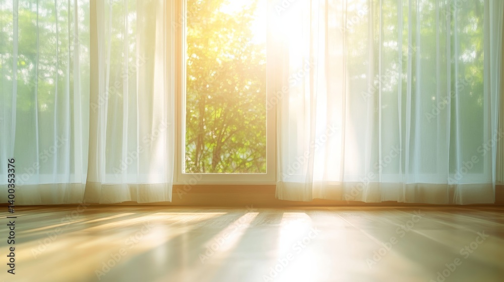 Aufkleber soft morning light filters through sheer white curtains at an open window, casting delicate shadows 