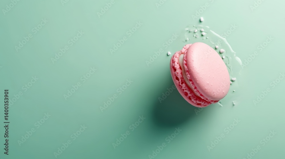Aufkleber delicate pastel pink macaron hovers against a mint-green background, adorned with sprinkles and a su