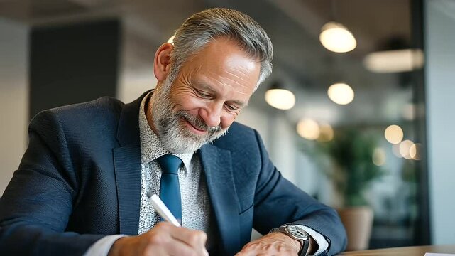 Confident executive finalizing important paperwork at his desk.