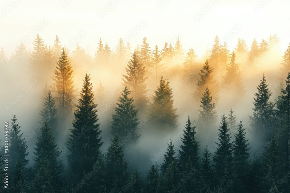 Poster Morning light filters through misty coniferous forest at dawn, highlighting silhouettes of trees and creating an ethereal atmosphere