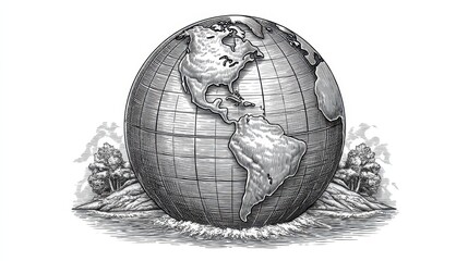 Detailed Black and White Globe Illustration Vintage Etching Style