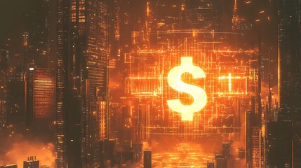 Digital dollar symbol superimposed on a futuristic cityscape at night.