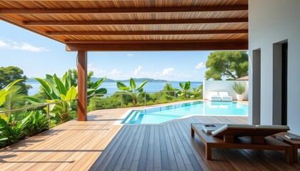 Modern wood & white terrace overlooking pool, lush greenery,  copy space, nature