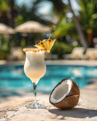 Pina Colada cocktail on the beach with coconut and exotic flower. High quality photo