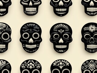 Pattern of skull masks with symmetrical black and white design depicting day of the dead inspired cultural symbolism in abstract horror styled background